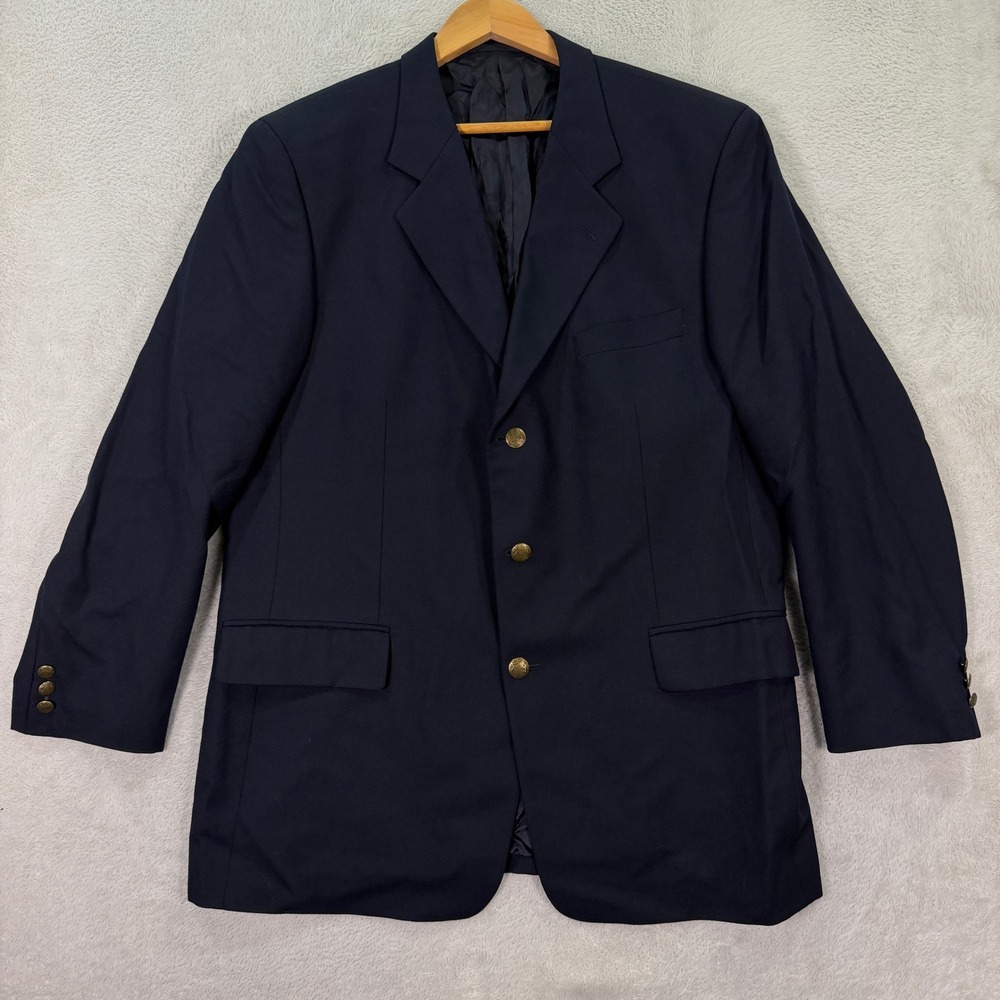 Vintage Brook Taverner Mens 44R Blazer Navy Blue Wool Blend Gold Crest Button